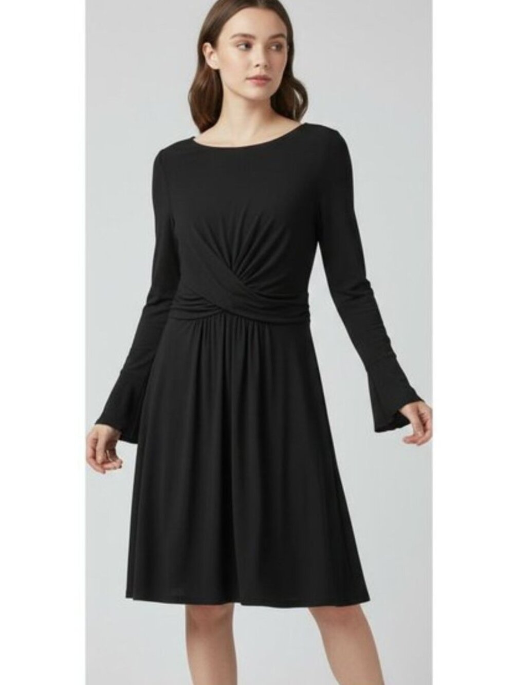 HARPER ROSE Long Bell Sleeve Ruched/Twist Waist Black Knit Flare Dress Women 8